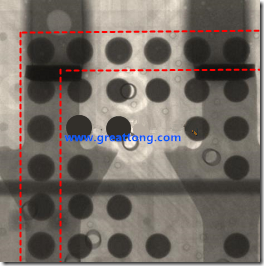BGA錫球尺寸小于0.4mm，采用降低BGA內(nèi)圍襲球的錫膏量所得到X-Ray，稍微留意一下可以發(fā)現(xiàn)最外圈的錫量(圓的直徑)比其他內(nèi)圍的錫球上的錫量來得多一點(diǎn)點(diǎn)。也就是外圈的黑色圓形直徑比內(nèi)圈的圓形來得大一點(diǎn)點(diǎn)。