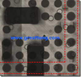 BGA錫球尺寸小于0.4mm，采用降低BGA內(nèi)圍襲球的錫膏量所得到X-Ray，稍微留意一下可以發(fā)現(xiàn)最外圈的錫量(圓的直徑)比其他內(nèi)圍的錫球上的錫量來得多一點(diǎn)點(diǎn)。也就是外圈的黑色圓形直徑比內(nèi)圈的圓形來得大一點(diǎn)點(diǎn)。