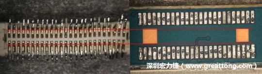 把板對板連接器與其電路板的佈線焊墊作一個比較，端子的切斷面有毛邊的地方剛好對到了裸銅區(qū)。