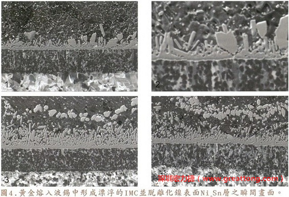 下面四張圖片為放大4500倍的SEM圖像，說明在回流焊爐熱量不足的情況下，黃金成份正要從鎳層分離融入焊錫之中的瞬間，當零件遭受外力沖擊的時候就極有可能從這一整排AuSn、、AuSn2或AuSn4的IMC處裂開。