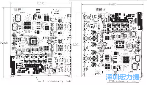 如圖7所示是使用不同數(shù)量邊條的拼板，拼板1僅使用了一個邊條，直接利用PCB另一邊作為SMT工藝傳送邊，并且PCB圖形中有合適的安裝孔；而拼板2則是按常規(guī)設(shè)計了兩個邊條。拼板方式為連接筋。圖中“Breakaway Tab”指邊條-深圳宏力捷