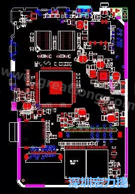 上圖是一個(gè)開(kāi)發(fā)板的PCB，從布局中可以看出各個(gè)接口電路分離很明確，SDRAM和DDR以及SD卡接口電路等走線不會(huì)造成相互的干擾。-深圳宏力捷