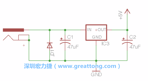 新增RBBB→Power_Jack，將它放在電壓調整器的輸入端旁邊。