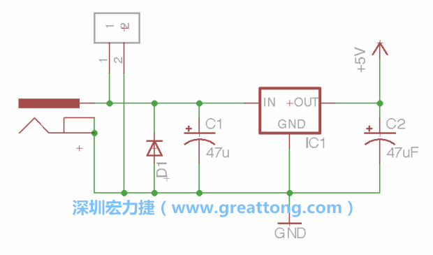 2.5.    新增一個二極體，它會以水平的狀態(tài)出現在屏幕上，請使用「旋轉（Rotate）」工具把它負極那一面朝上，并且用「網絡連接」工具將它連接在電壓調整器的輸入端和接地端之間。