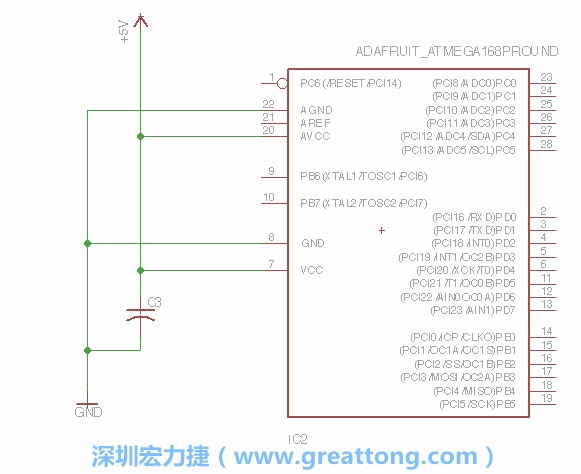 3.1.    新增微控制器晶片（RBBB → ATmega），把它放在電路原理圖的中央附近，把它的兩個接地接頭連接到接地訊號端。