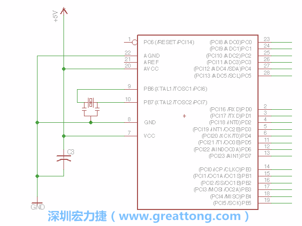 3.2.    在靠近ATmega的電源供應(yīng)針腳7的位置放置一個0.1μF的電容，將它分別連接電源、接地端和針腳7。
