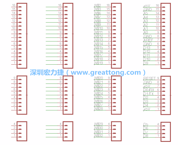 3.5.    你會發(fā)現(xiàn)EAGLE會給每條信號線都內(nèi)建一個標簽，例如：N$2。現(xiàn)在請使用「命名（Name）」工具來為這些信號線重新命名，并使它們符合ATmega的針腳名稱。