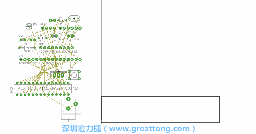 第一次執(zhí)行布線編輯器時，你會發(fā)現(xiàn)有兩個區(qū)塊，左邊的區(qū)塊非?；靵y，而右邊的區(qū)塊則是一個長方形的工作區(qū)域，EAGLE免費(fèi)版會限制你的工作區(qū)域在4” x 3.2”的范圍內(nèi)，如果你試圖將元件擺放在工作區(qū)外的話，就會跳出警示訊息。