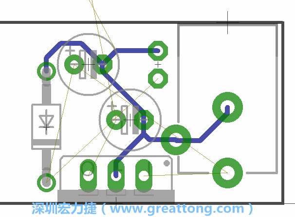 當(dāng)你在擺放元件時，要注意元件間的連結(jié)關(guān)系使用「旋轉(zhuǎn)（Rotate）」工具來讓連結(jié)點(diǎn)更接近、更容易布線。舉例來說，我們可以將這邊的二極體轉(zhuǎn)一個方向來縮短和47μF電容間的連結(jié)距離。