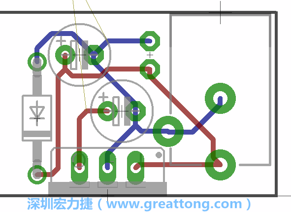 接地連結(jié)點(diǎn)的布線情形如下圖所示，利用這個練習(xí)來避免電路連線銳角化的產(chǎn)生是一個不錯的選擇，你可以在工具列中的彎曲線路（Wire Bend）選項(xiàng)里改變各種布線的變化。
