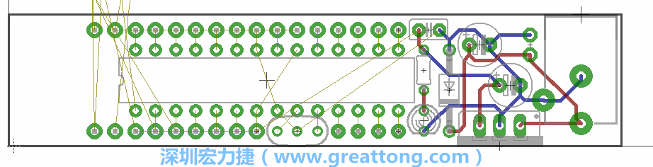 將ATmega微控制器、三個GPIO排針（JP2, JP3, JP4）和諧振器（resonator）排置如上圖所示。