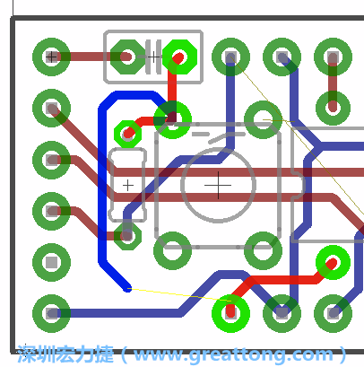 要在電路板正面進(jìn)行+5V信號線連結(jié)和其他連結(jié)點(diǎn)的布線工作是非常容易的，而重置信號線（信號線用來連結(jié)電路板正面左邊的重置開關(guān)）需要經(jīng)過一個可以通過電路板正反兩面的電路通道，這個通道是一個可以讓電路板正反兩面線路連接的一個小孔。