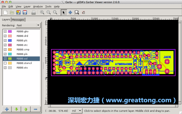 將圖層匯入你的Gerber預(yù)覽工具內(nèi)（下圖為Gerbv），我通常會從上到下重新排列它們的順序，好讓我比較好校對：
