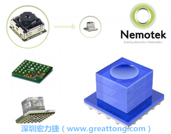 Nemotek利用WLP制作image sensor模組，搭配光學(xué)透鏡設(shè)計(jì)，可讓image sensor模組的占位面積大幅縮小，生產(chǎn)可用自動(dòng)送料快速制作，節(jié)省產(chǎn)制成本。