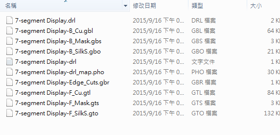 所謂Gerber檔，其實(shí)是包含一群檔案 (如下圖所示)，如包含正反面銅箔層 F.Cu B.Cu.，正反面文字面 F.Silkscreen ，B.Silkscreen，防焊層 SolderMask、板邊裁切Edge.Cuts 等。
