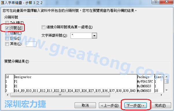 新增一個新的Excel文檔，[資料]匯入[從文字檔]，然后選擇剛產(chǎn)生的BOM (.csv)檔案，并以"分號"作為分隔符號。