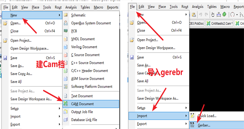 在File下新建 Cam檔，建后再File下導(dǎo)入Gerber文件，選擇所有文件導(dǎo)入gerber。